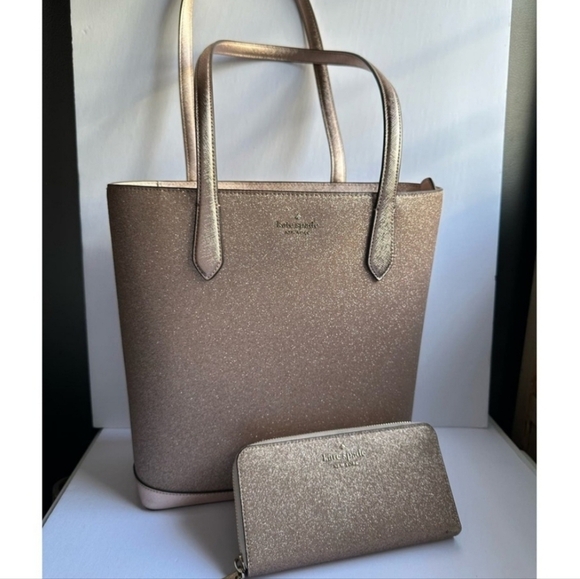 🔹️Kate Spade 🔹️Pink/Rose Gold Glitter Tinsel Tote and Matching large Wallet ✨️ - Picture 1 of 1